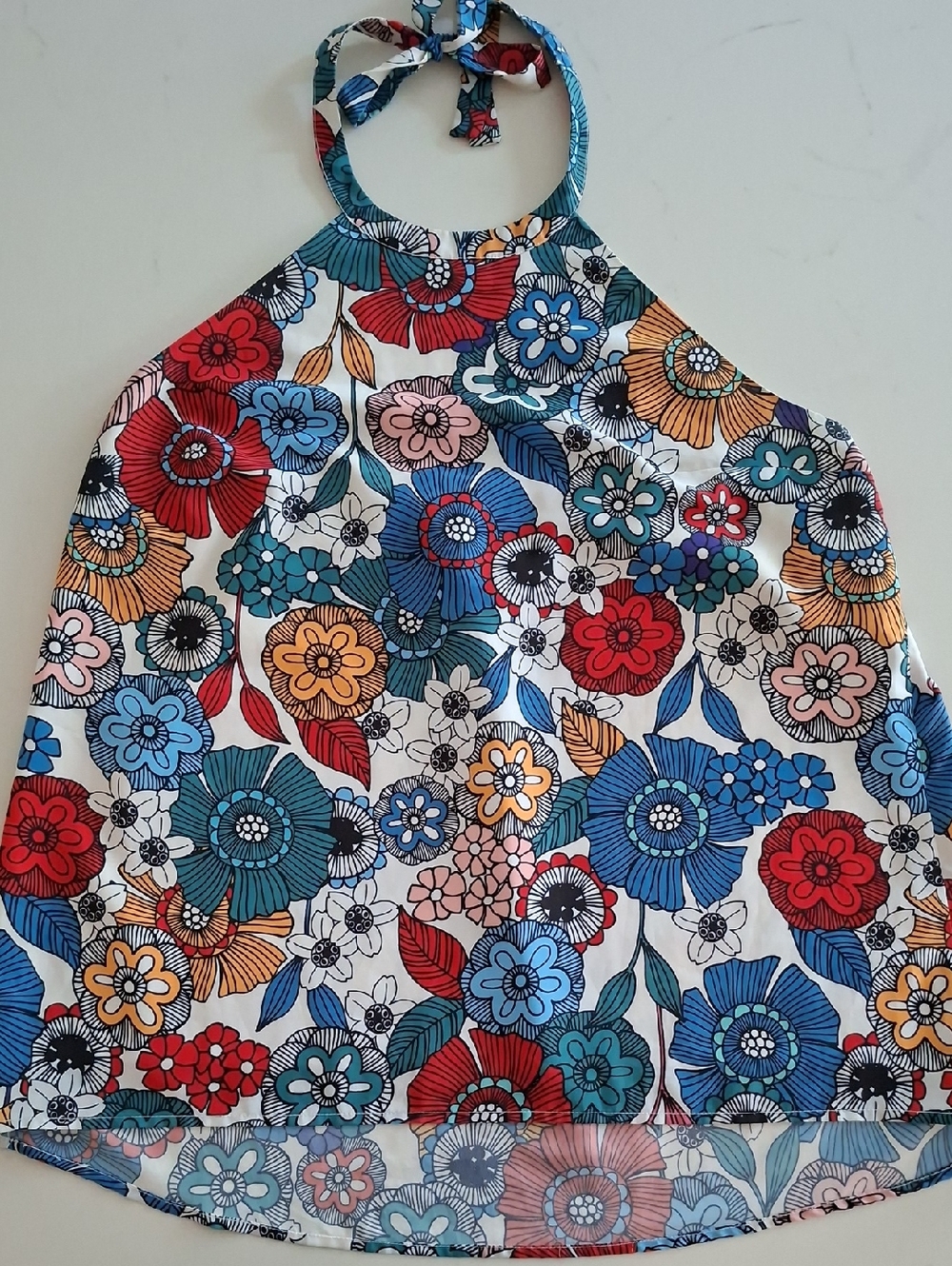 ModCloth White, Blue & Red Floral Boho/Mod/Retro Tie-neck Halter Top (Size XL)